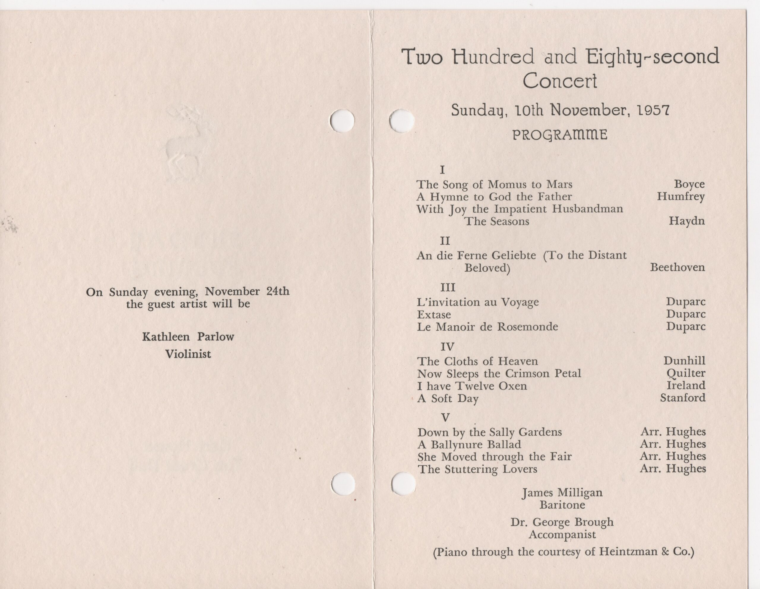 Hart House Concert, James Milligan & George Brough, November 10 1957